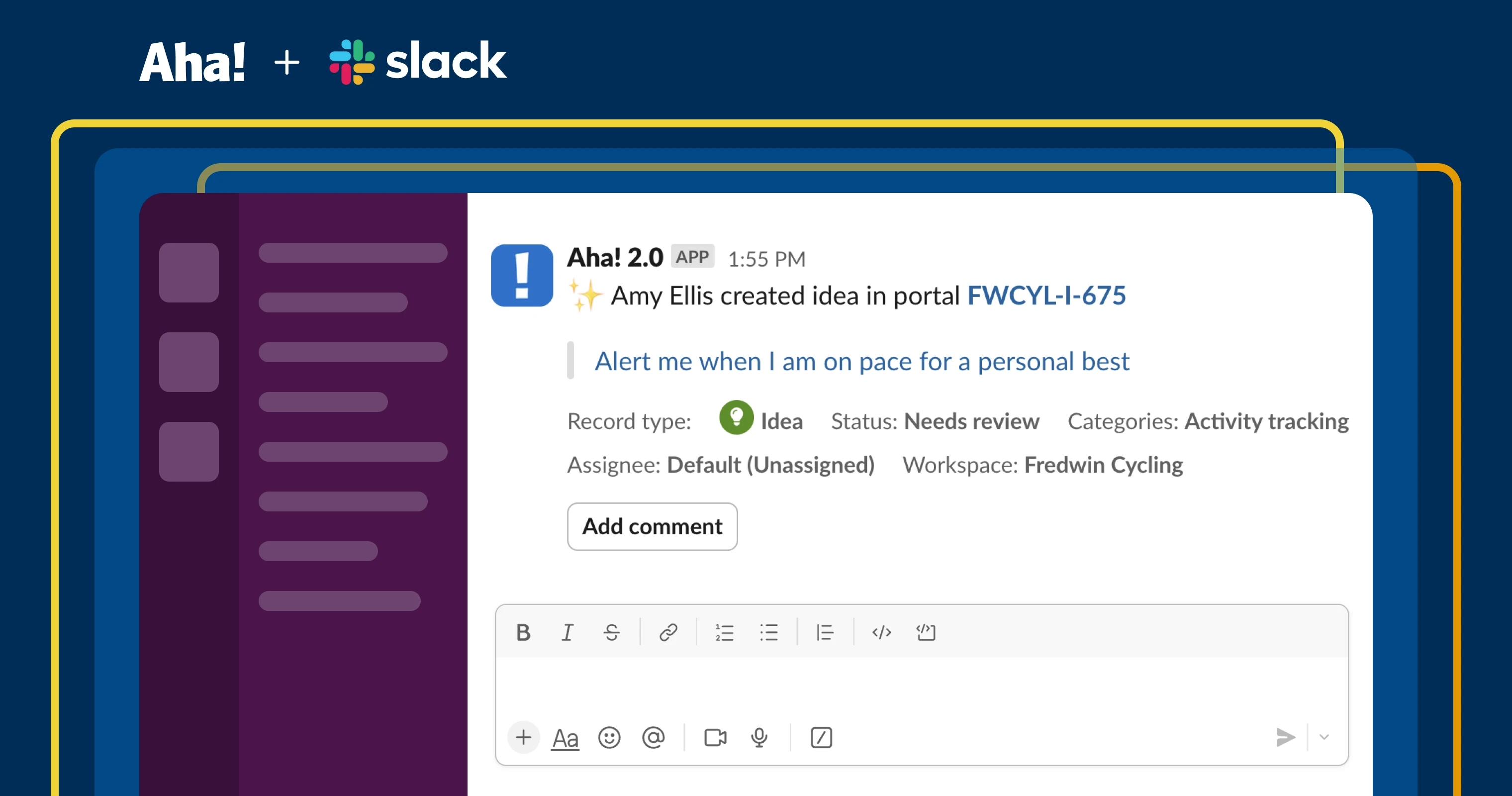 an image of a Slack notification showing a new idea from Aha! through the Slack integration