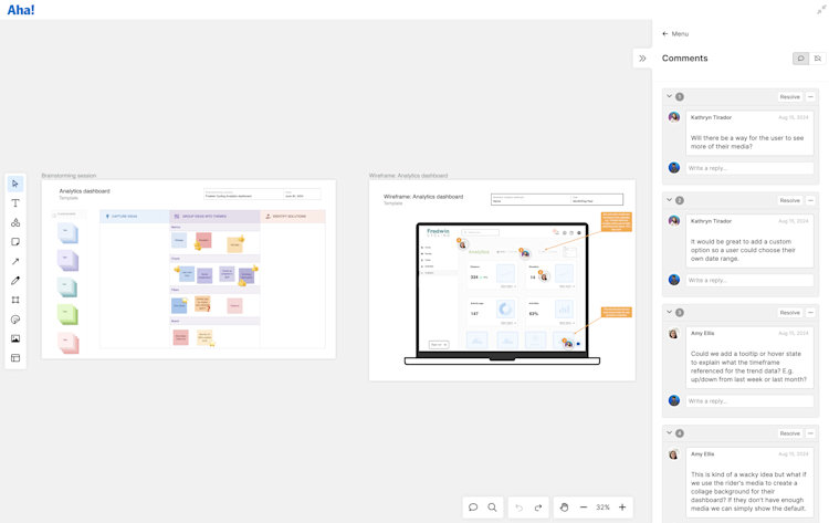 Comments sidebar open beside a wireframe and brainstorm template in a whiteboard
