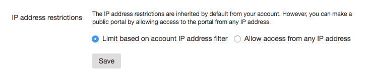 The IP address restrictions setting with "Limit based on account IP address filter" selected.