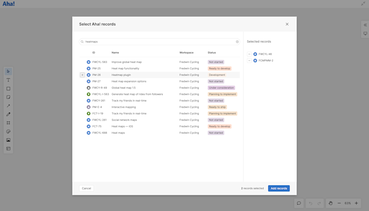 The search modal while a user searches for Aha! records to add to their whiteboard