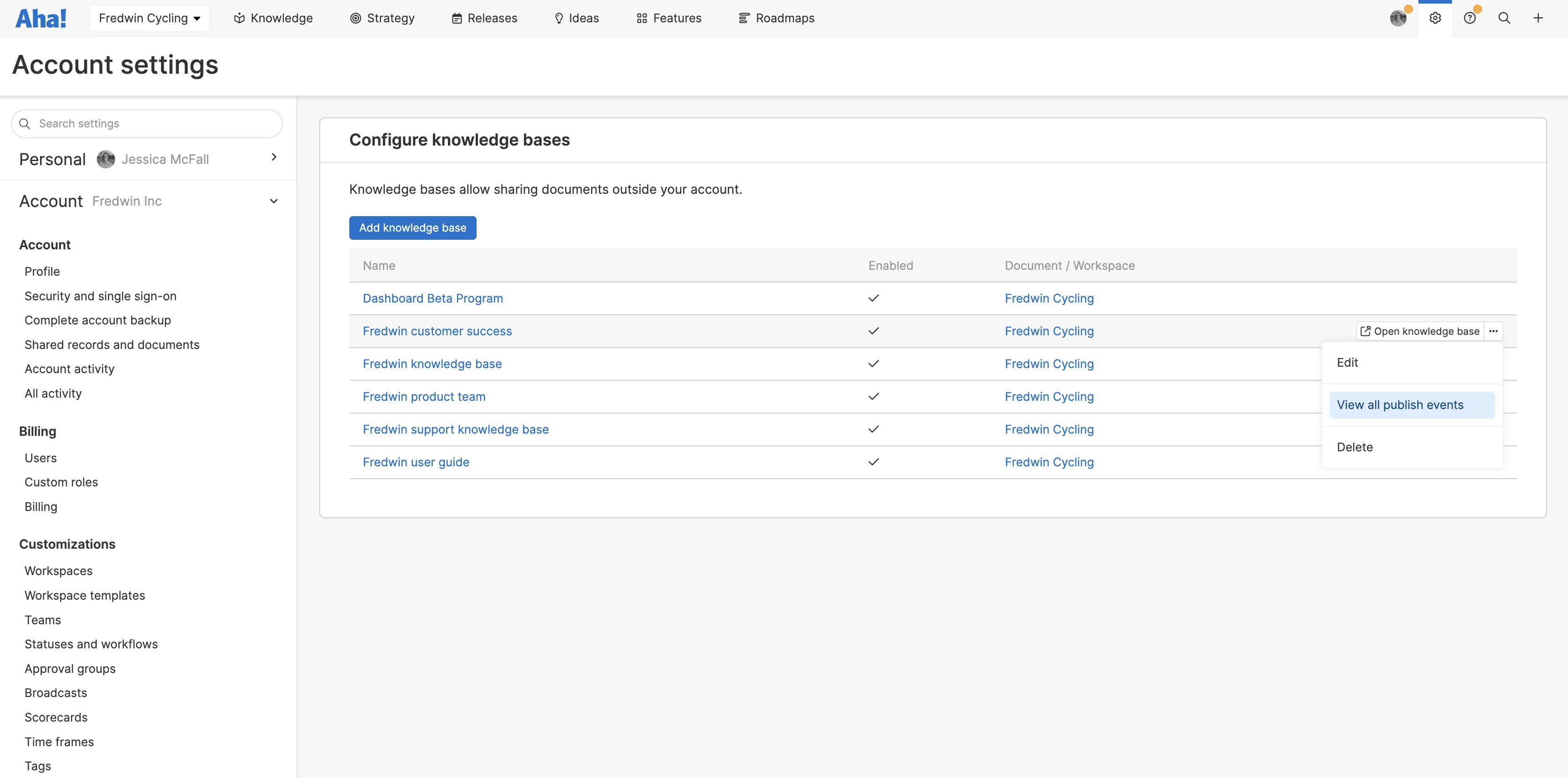 A list of knowledge bases in account customization settings with view all publishing events selected
