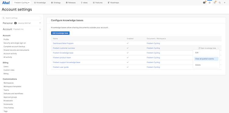 A list of knowledge bases in account customization settings with view all publishing events selected