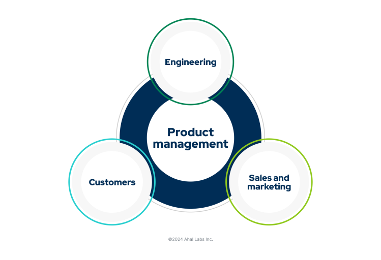 A multicolored circular graphic showing some different focus areas for product management, including engineering, customers, and sales and marketing.