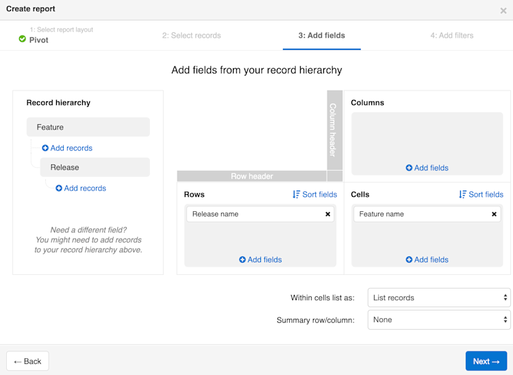 The add fields step of the report builder for pivot tables.