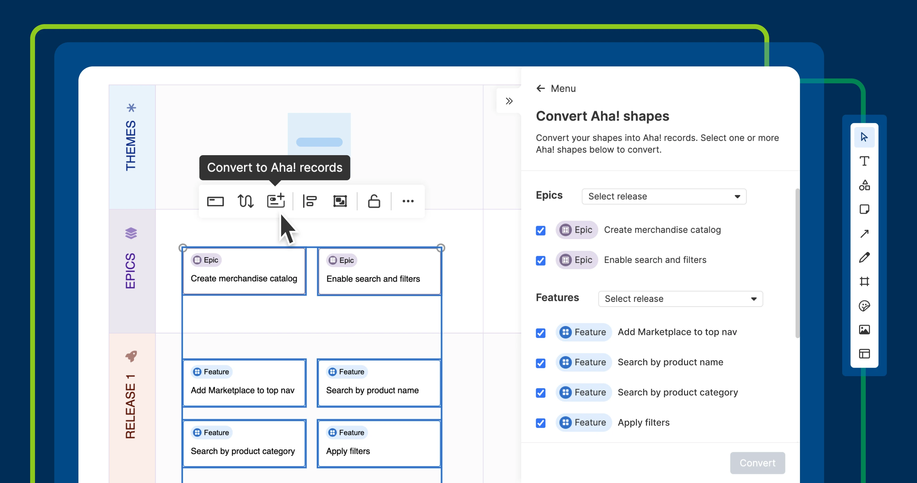 a whiteboard with Aha! shapes. The Convert Aha! shapes window is open and multiple epics and features are selected