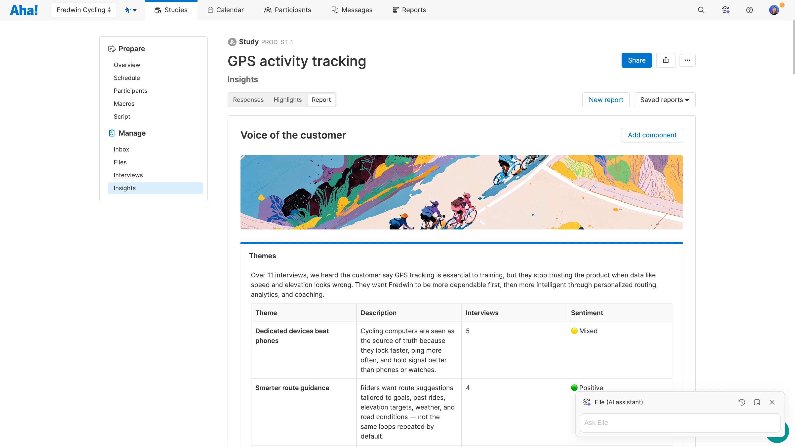 Create a voice of the customer insights report in Aha! Discovery using Elle the AI assistant.