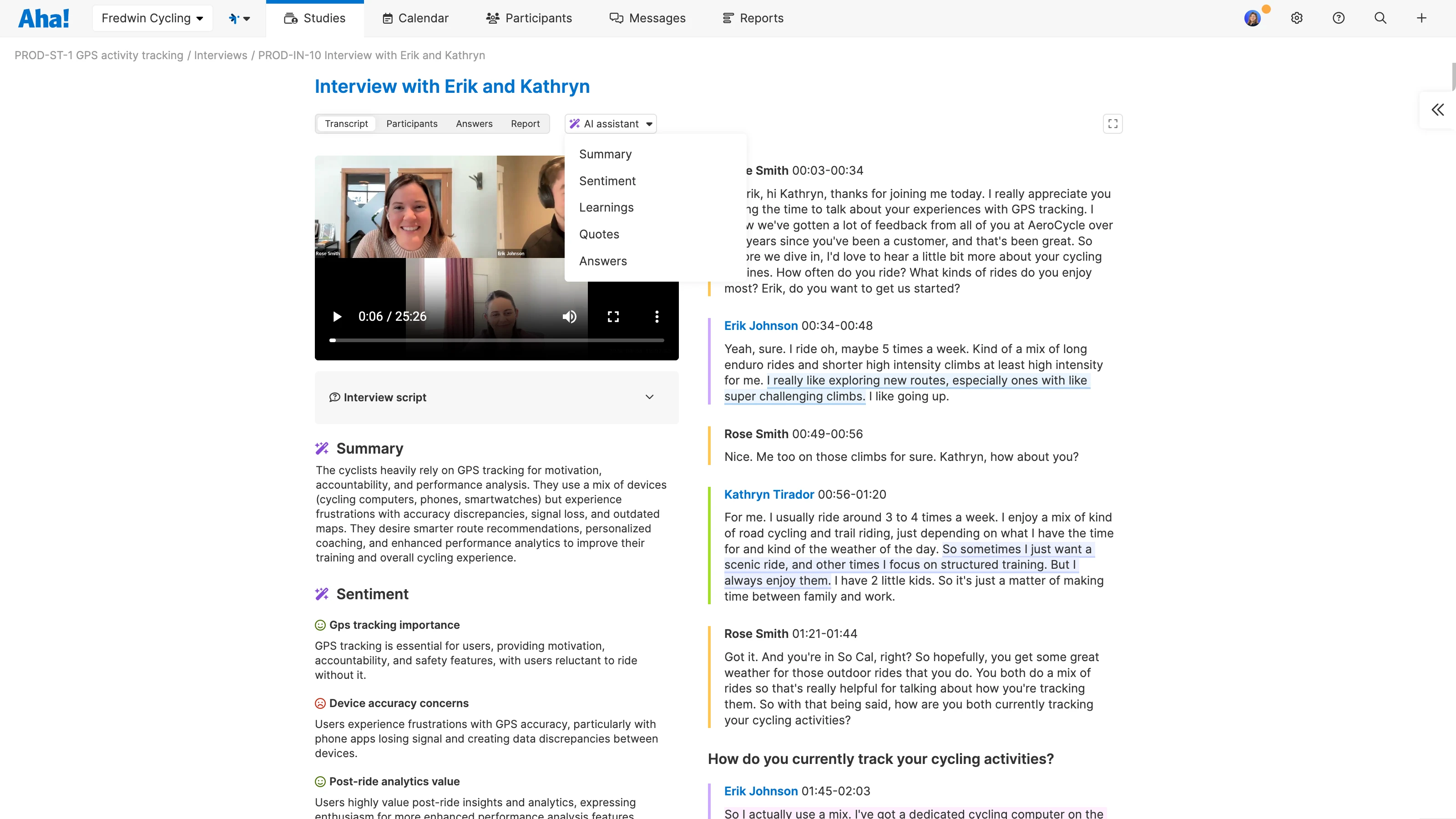 AI dropdown option to generate summary of an interview transcript in Aha! Discovery