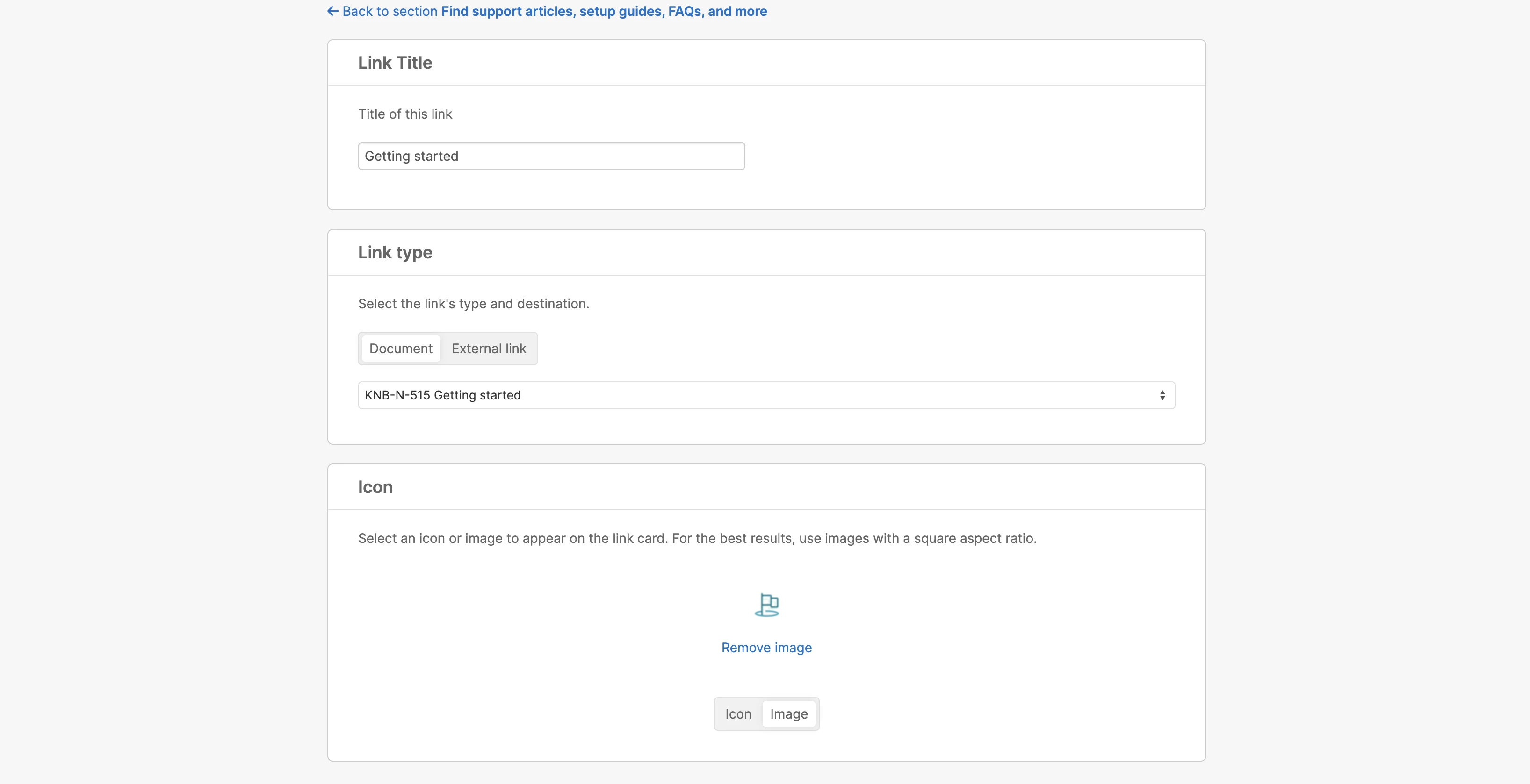 link settings for a section in homepage settings for a knowledge base