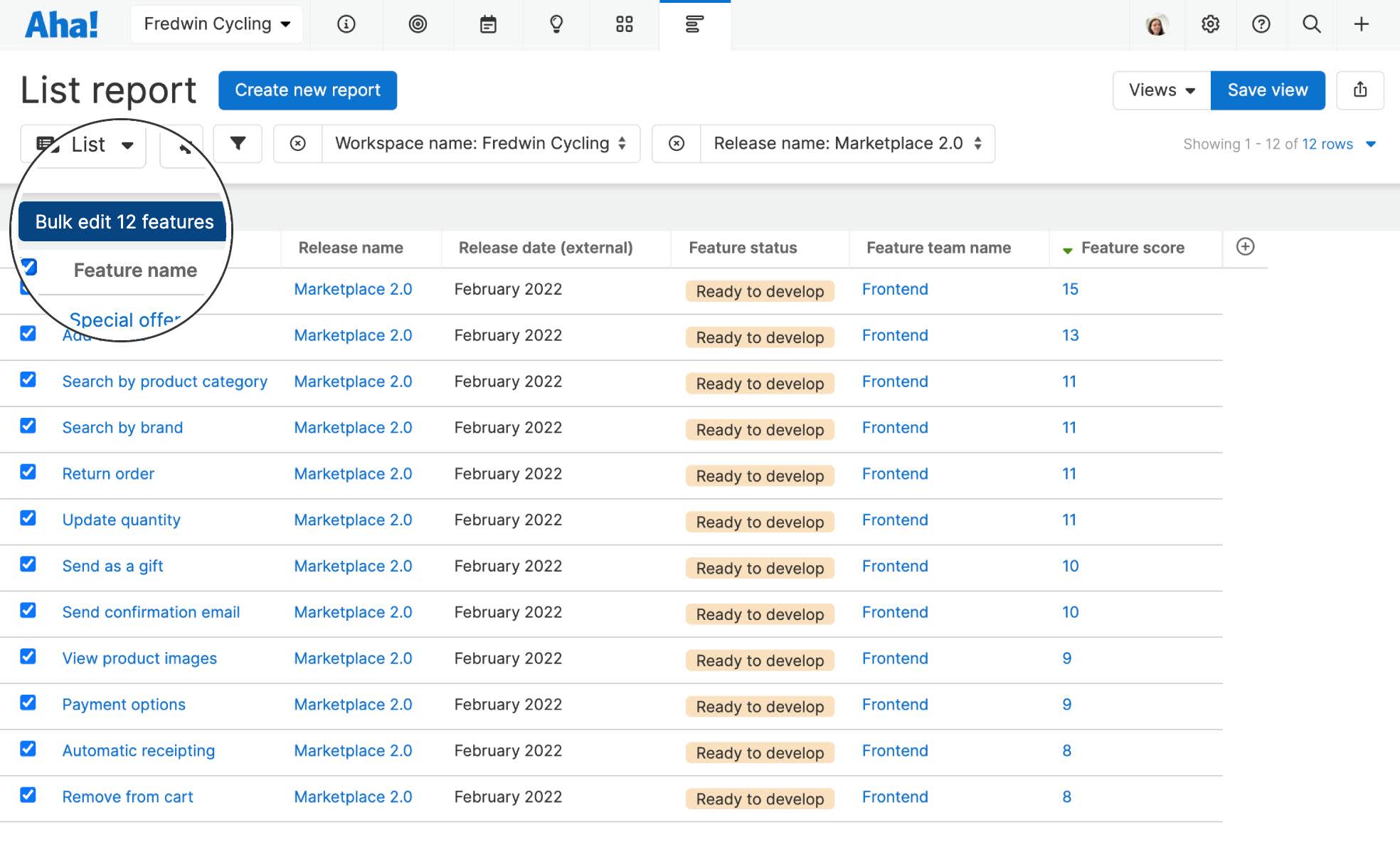 Bulk Assign Features in Aha! Roadmaps to Engineering in Aha! Develop