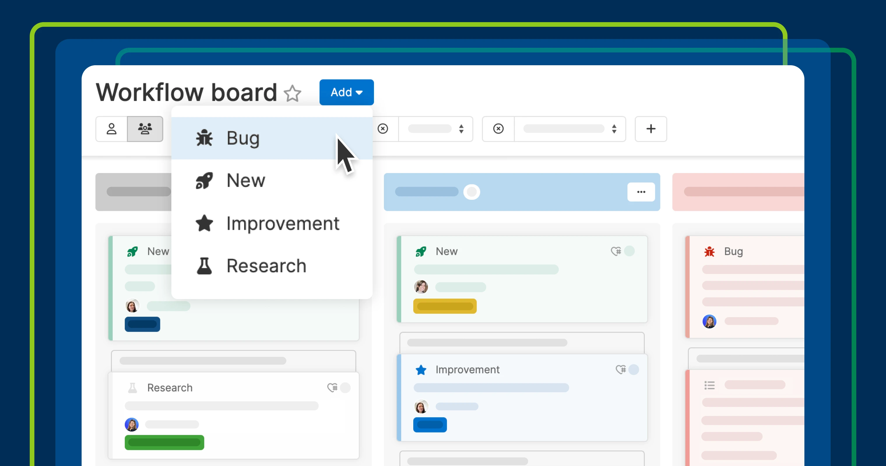 a workflow board with a feature types showing, including, but, new, improvement, and research. Bug is selected