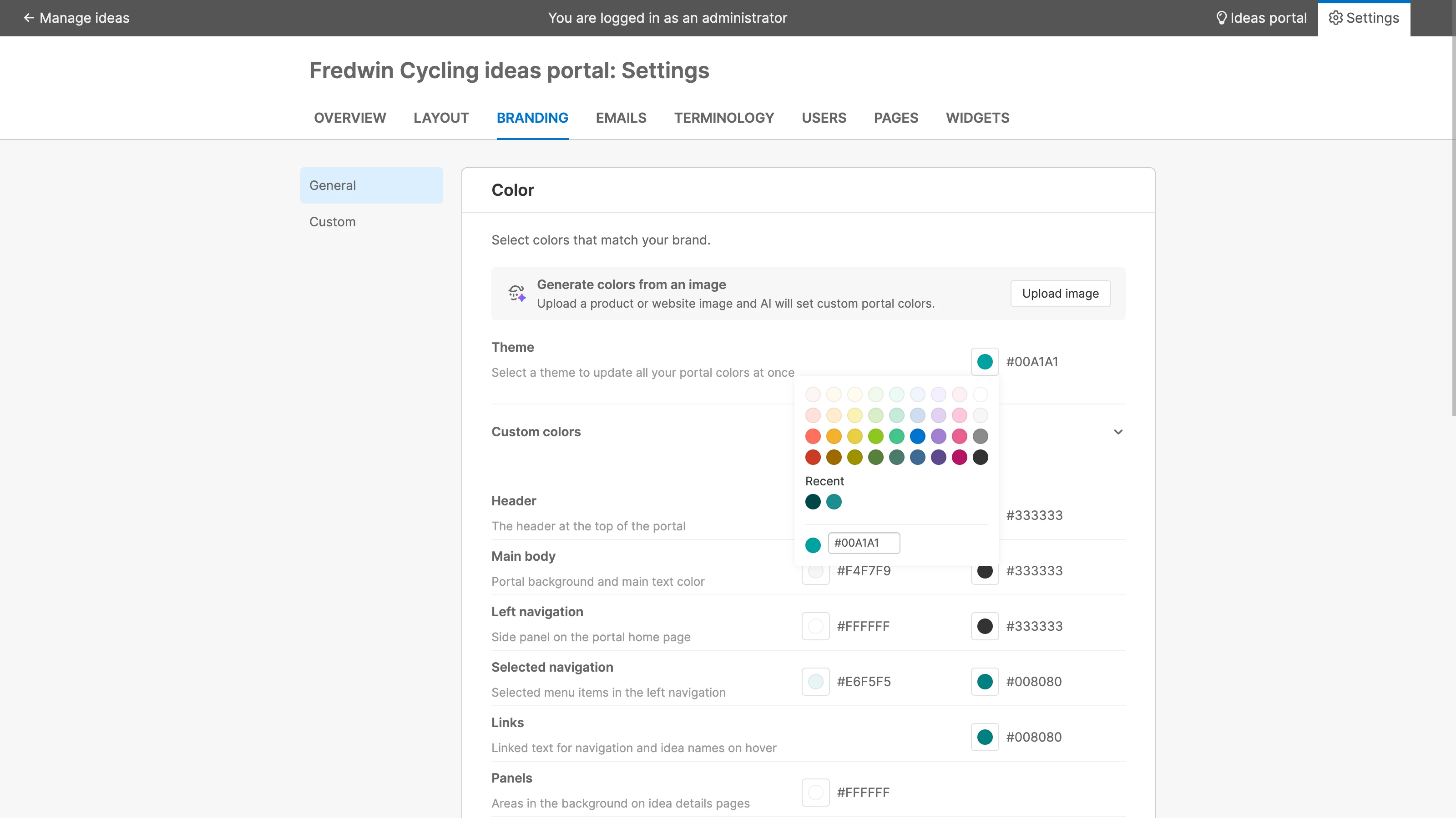 Ideas portal brand settings
