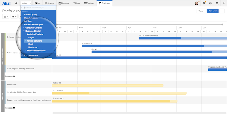 Workspace hierarchy expanded in front of a portfolio roadmap showing a solutions hierarchy.