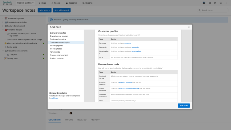 Choose the customer research plan template to define your research methods and identify which customer segments to include.