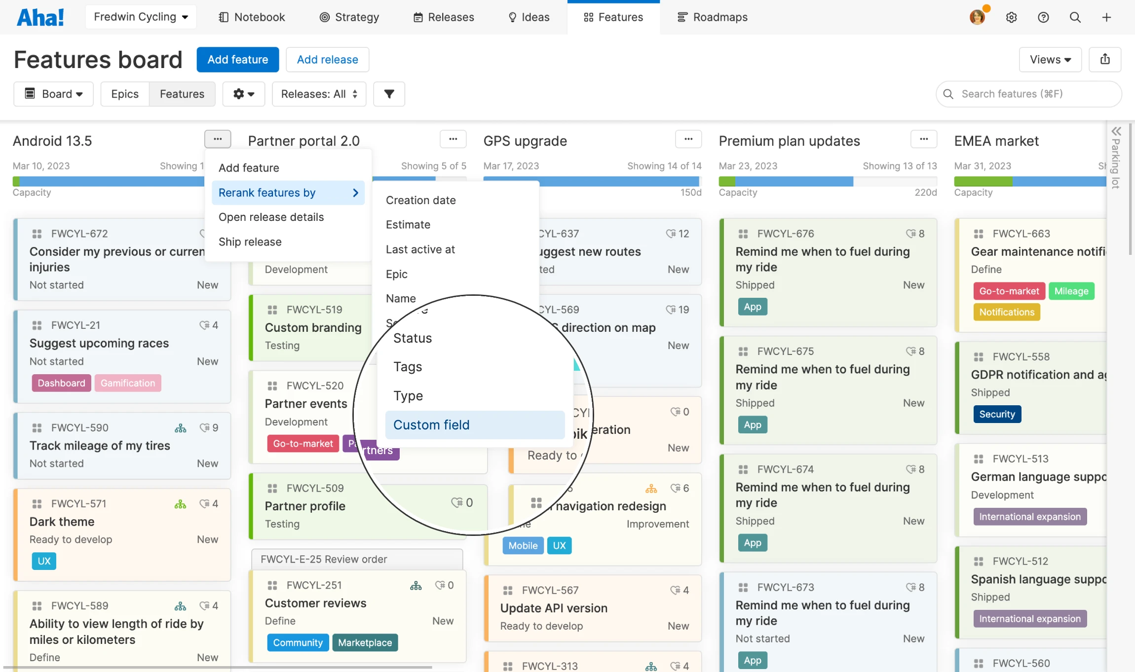 Rerank features or releases by custom field