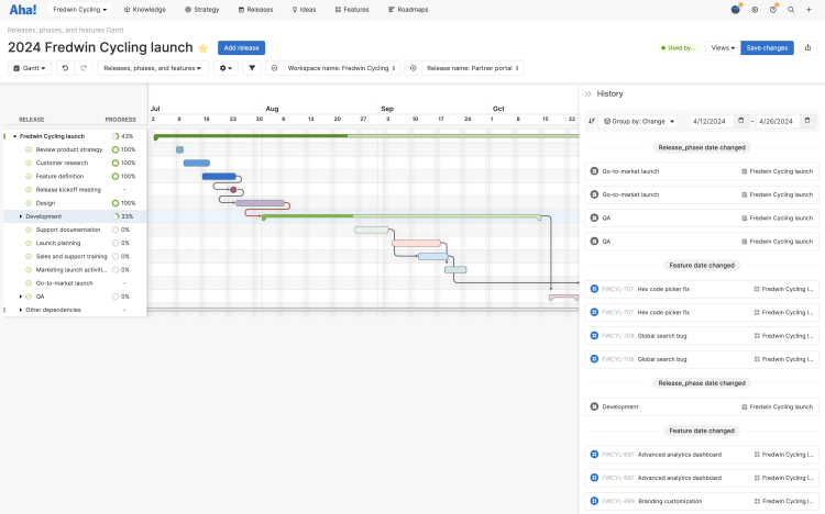 Releases Gantt chart with progress enabled and track changes sidebar open