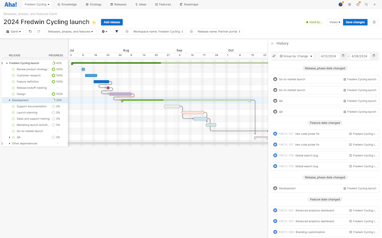 Releases Gantt chart with progress enabled and track changes sidebar open