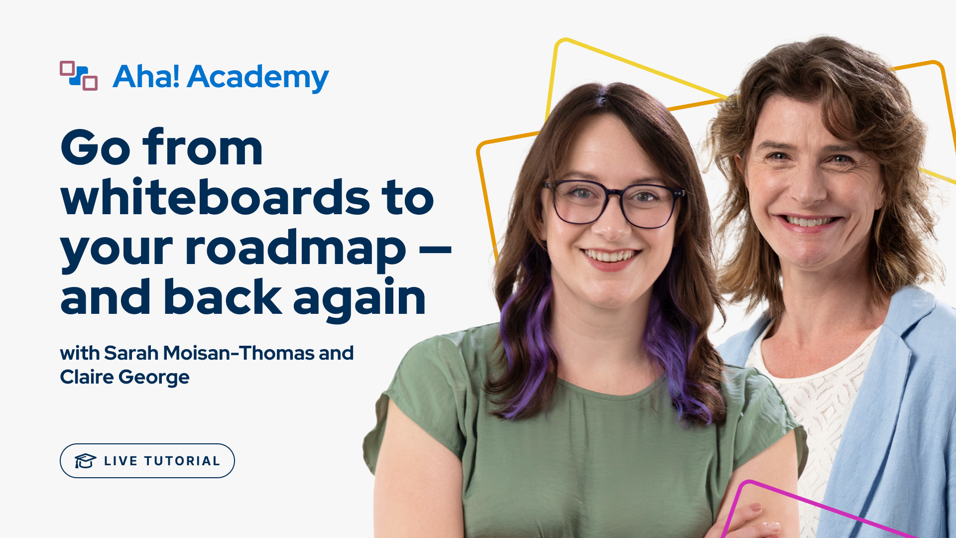 Aha! Academy live tutorial about bringing new product concepts to life with whiteboards with Aha! experts Sarah Moisan-Thomas and Claire George.
