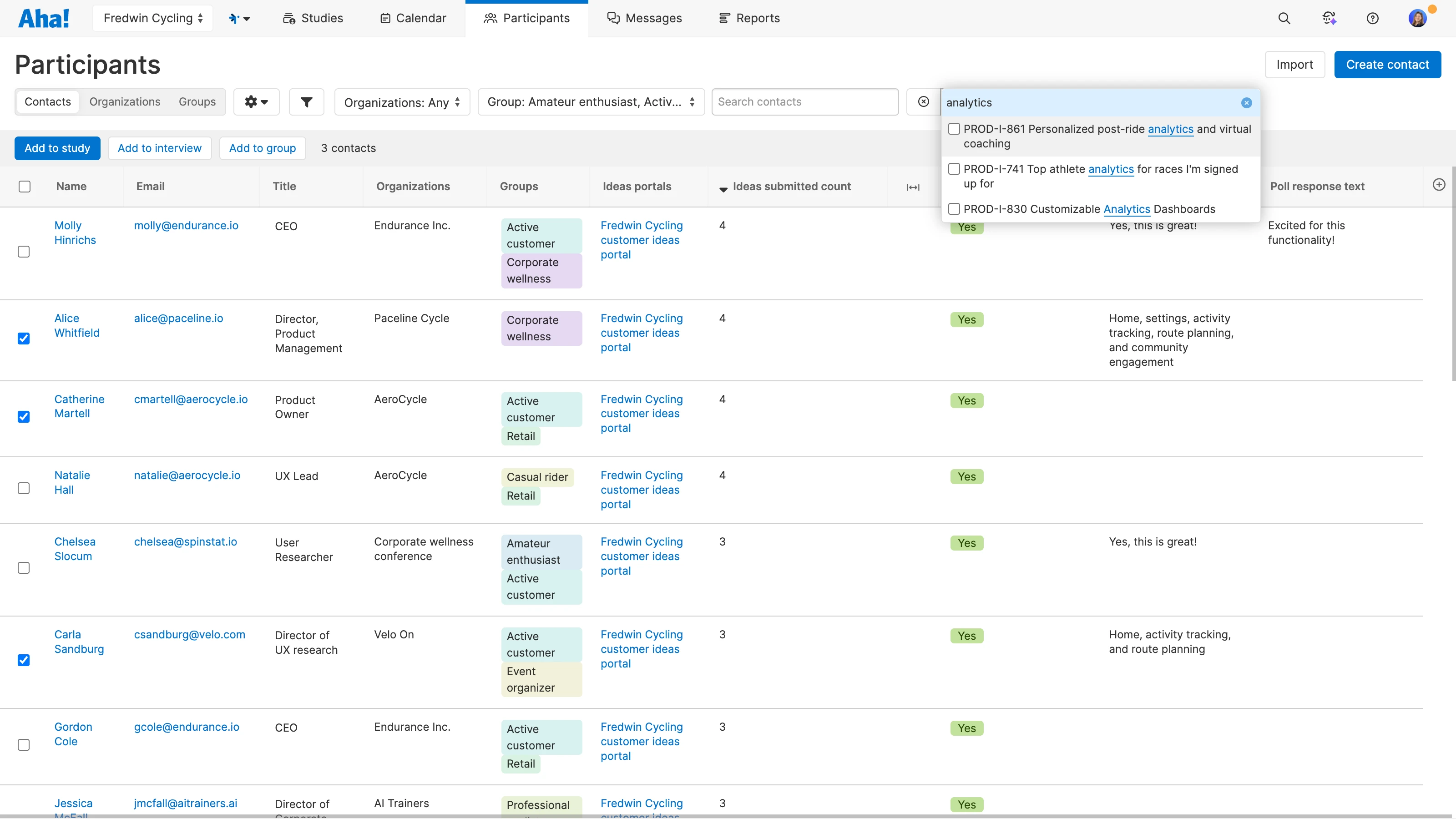 Filter for participants with relevant ideas in Aha! Discovery.