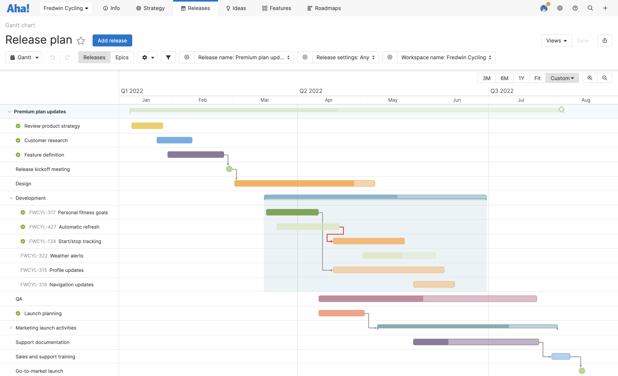 Here is a Gantt chart created in Aha! Roadmaps. The timeline at the top is broken into months and quarters, and the horizontal bars show the phases of work that different teams are responsible for.
