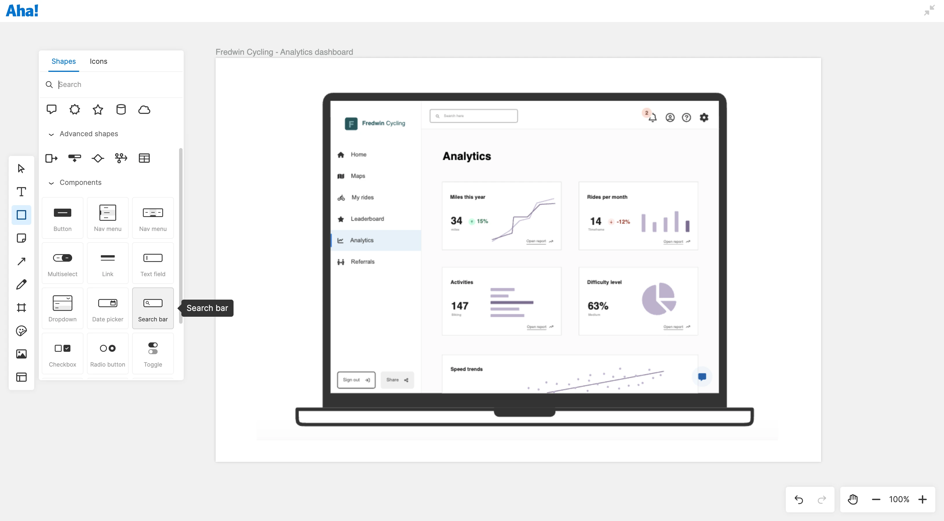 A whiteboard with a wireframe and the shapes menu opened to wireframe components