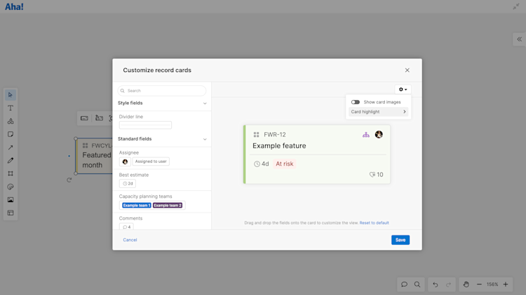 The customization modal for a record cards on whiteboards