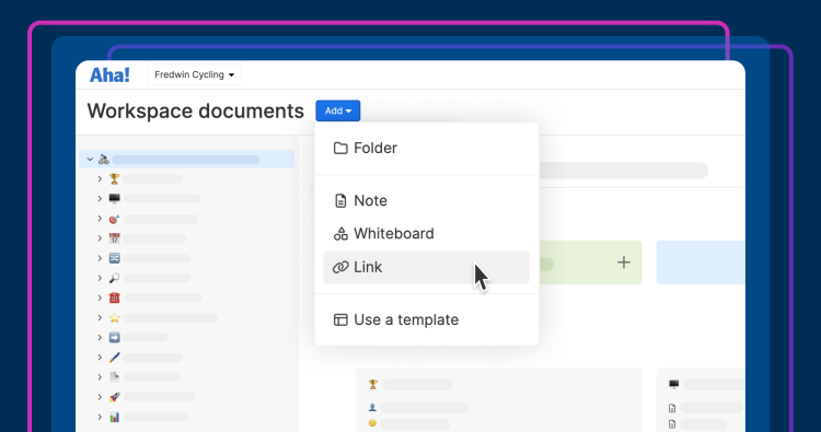 Workspace document hierarchy with mouse hover on the add link option.