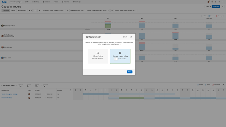 Configure the capacity report to show workload in story points or time.