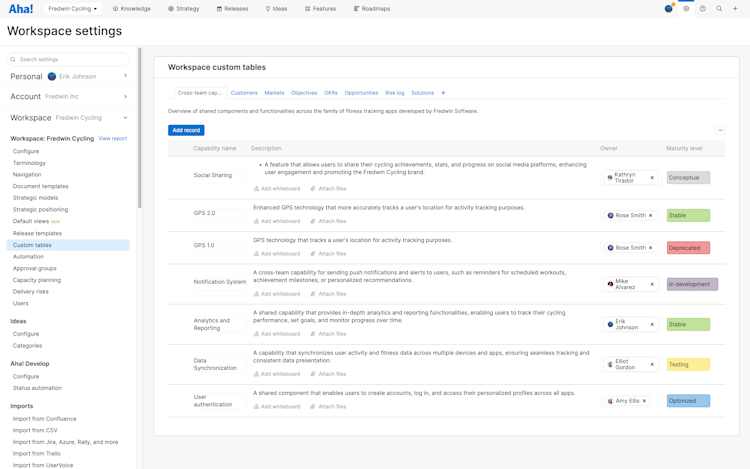 Custom tables in workspace settings