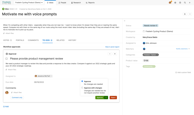 Approval to-do on an idea showing the option to approve or approve with comment.