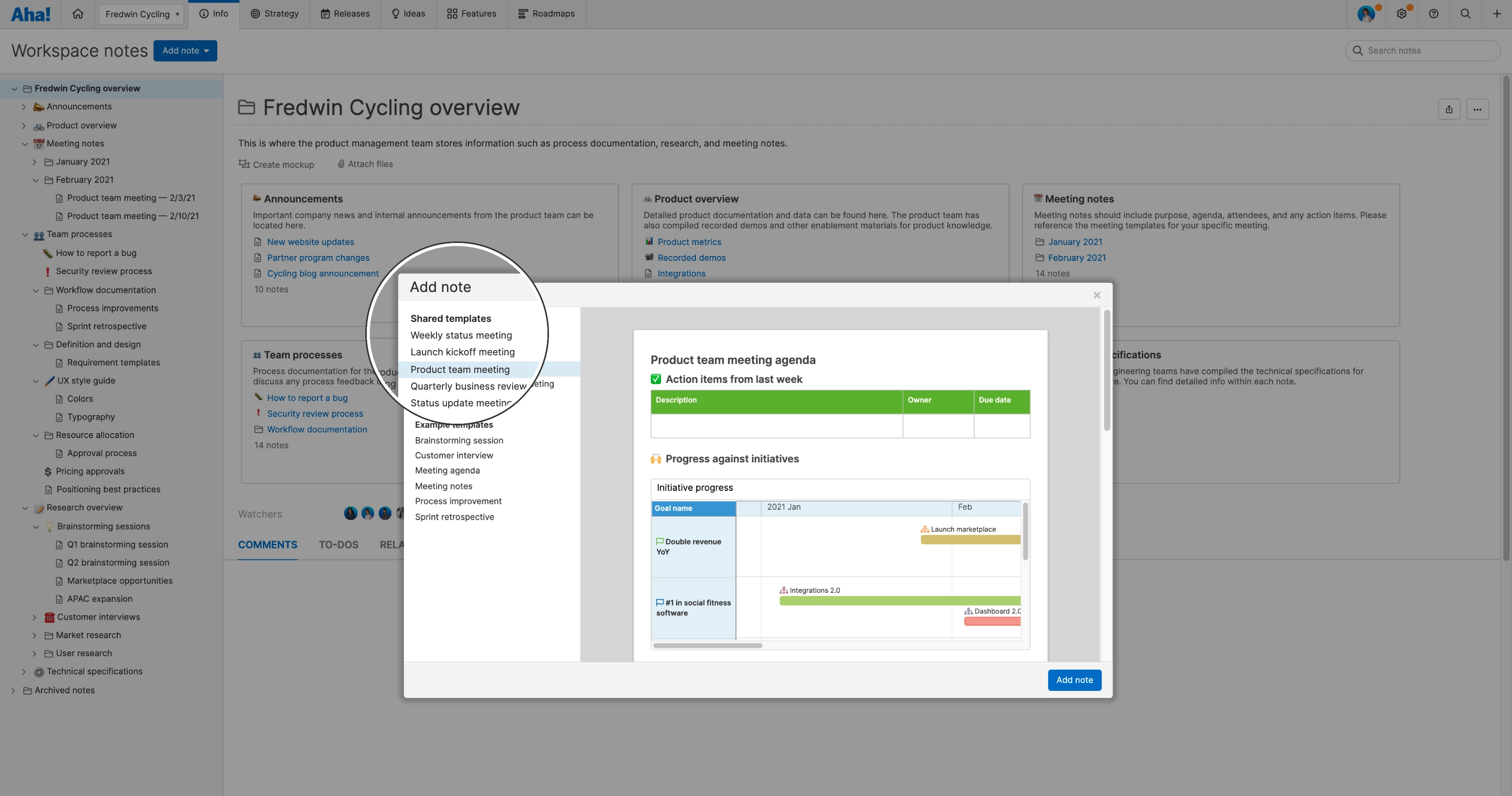 Create a new note from shared and example templates