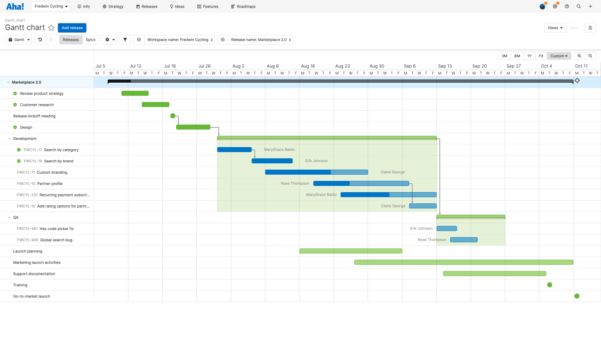 A Gantt chart in Aha! Roadmaps with a release, phases, milestones, and features.