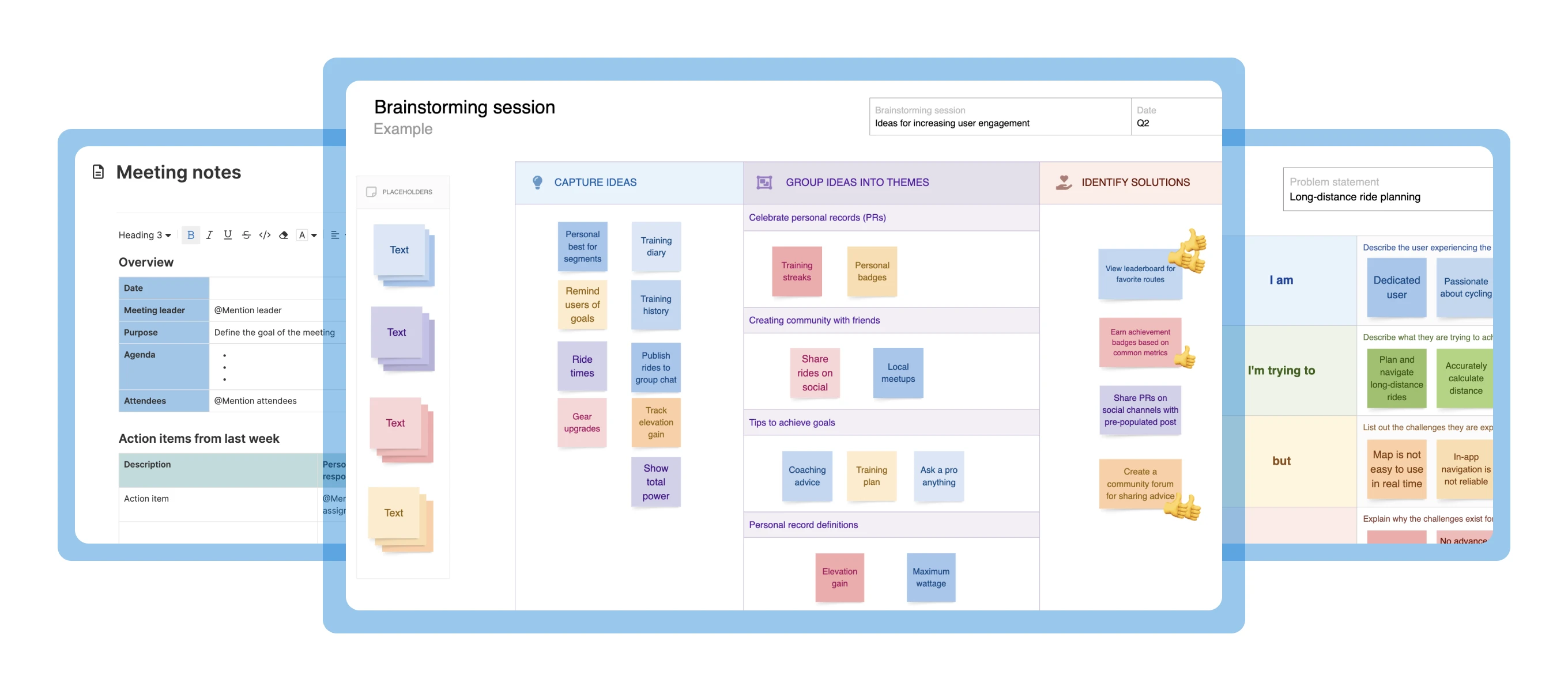 A collage of three knowledge-capture templates available via Aha! software