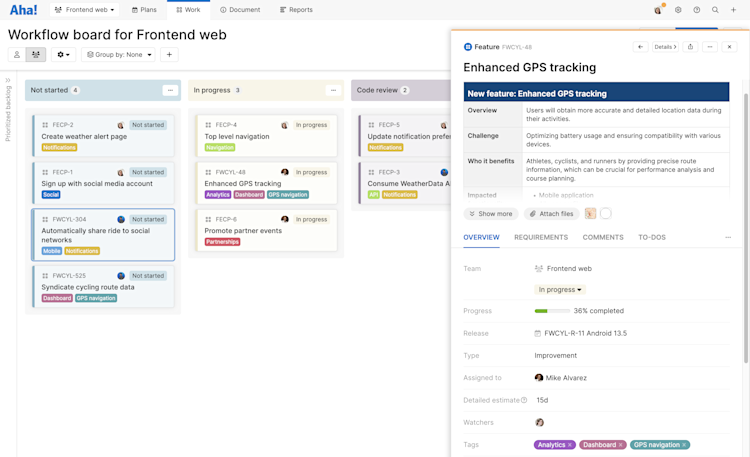 A kanban-style workflow board in Aha! Develop with a feature drawer open