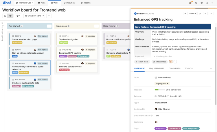 A kanban-style workflow board in Aha! Develop with a feature drawer open