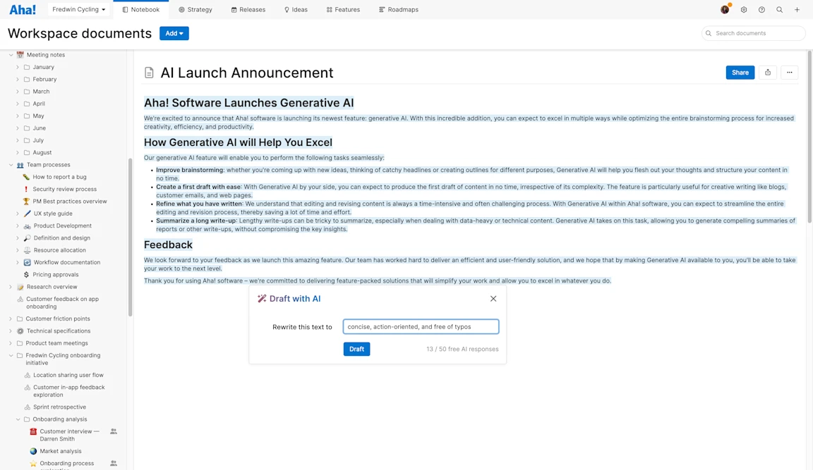 Introducing the New Built-in AI Assistant for Writing in Aha! Software