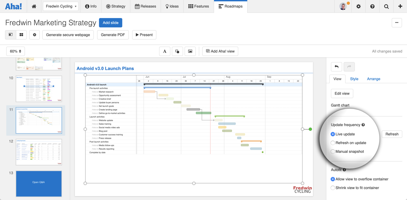 Presentation slide editor with highlight on the update frequency options.