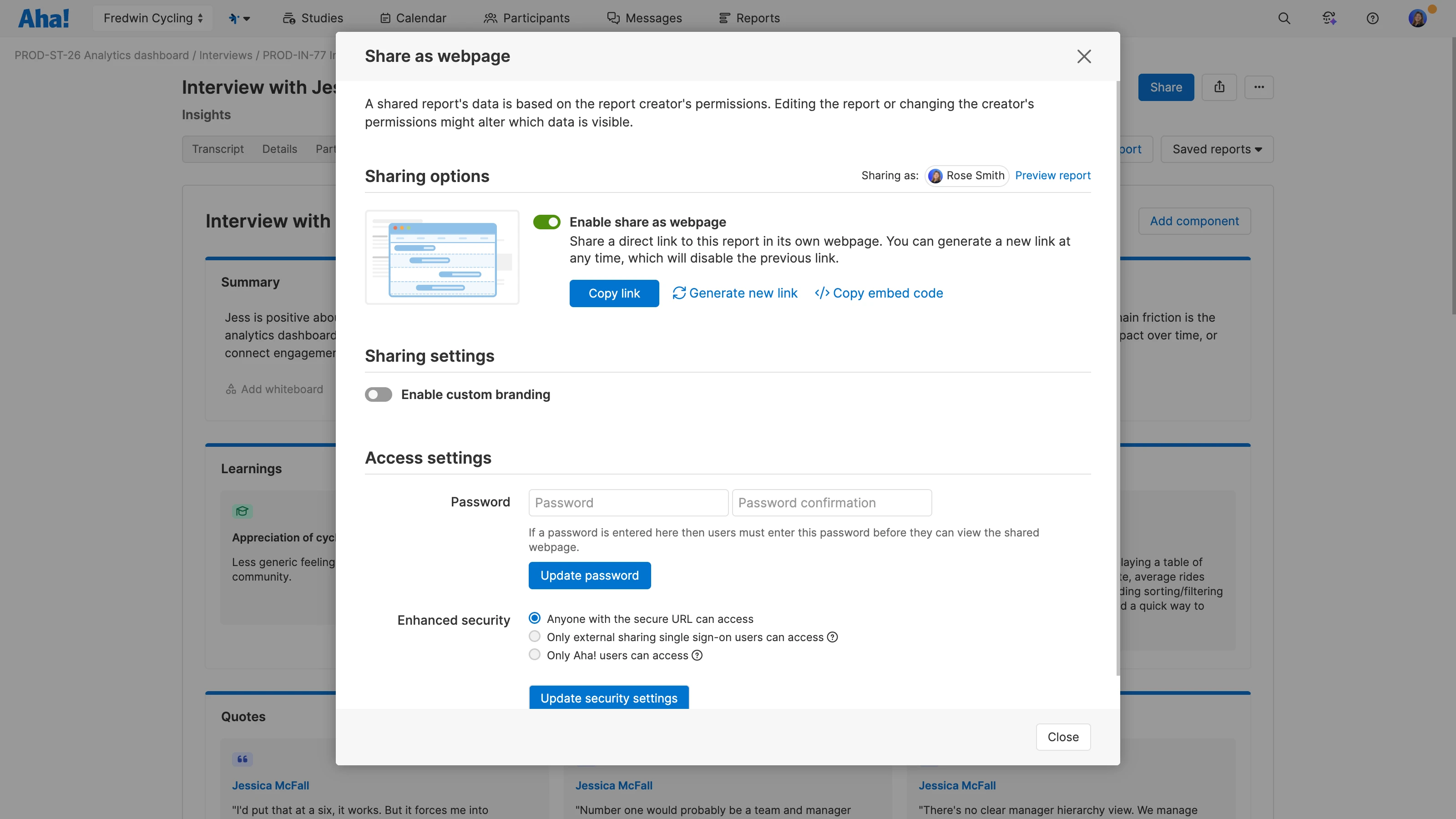 Publish insights reports on a secure webpage in Aha! Discovery