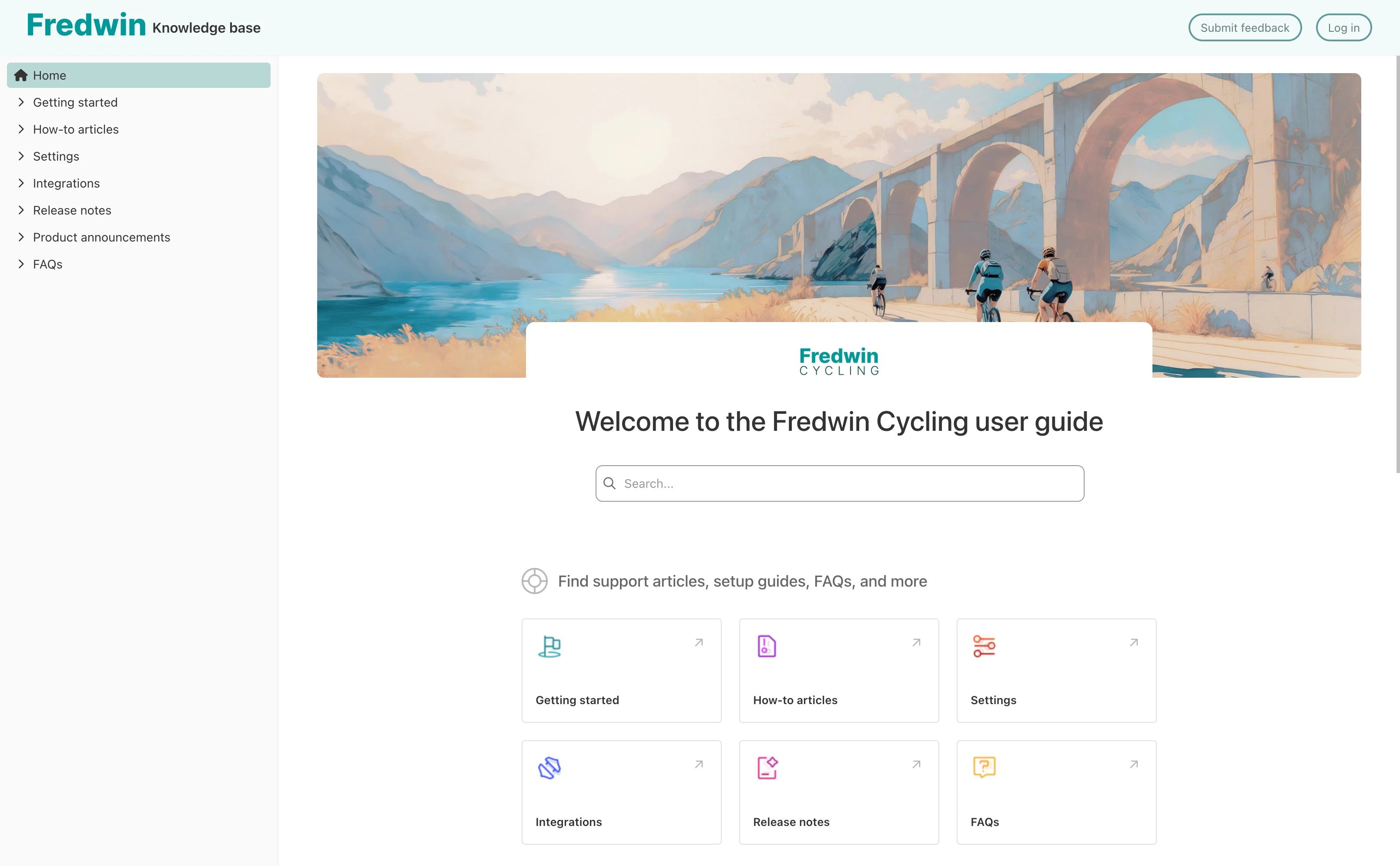 A knowledge base homepage for Fredwin Cycling