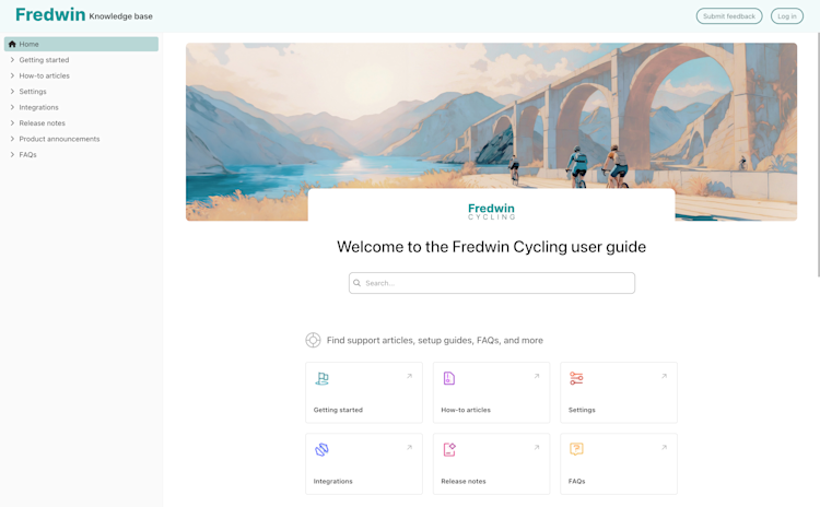 A knowledge base homepage for Fredwin Cycling