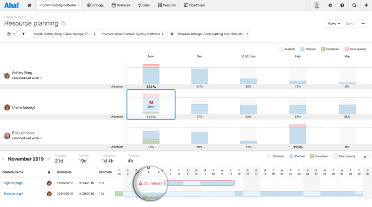 Timeline bars will automatically update in green as work is logged against the feature’s estimate. 