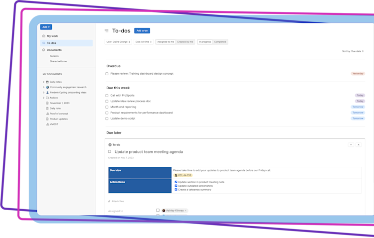 To-dos page for managing tasks