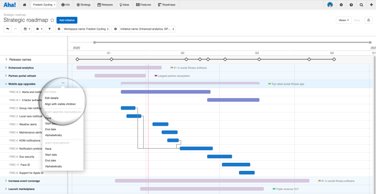 If you change the date range for an initiative by dragging the bar, dates for records linked to that initiative will automatically update.