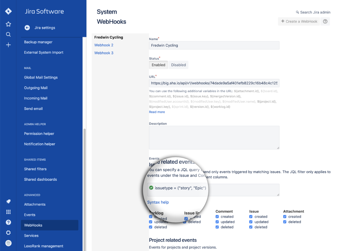 Jira webhooks settings used to filter Aha! activity