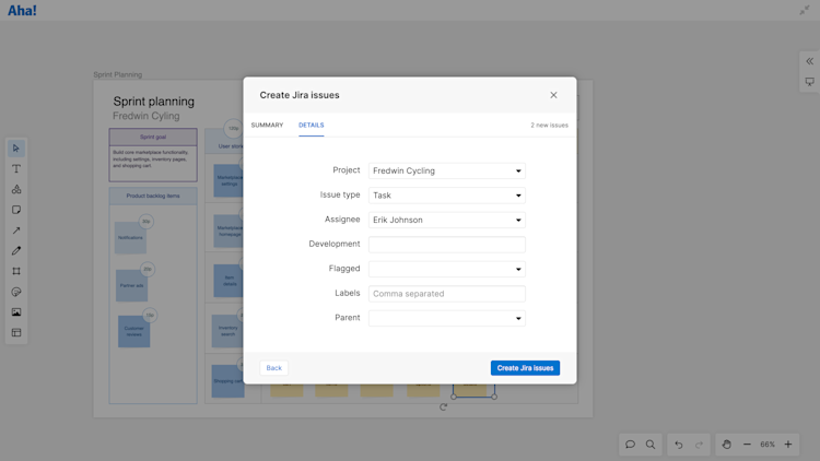 The "create Jira issues" menu open on a whiteboard