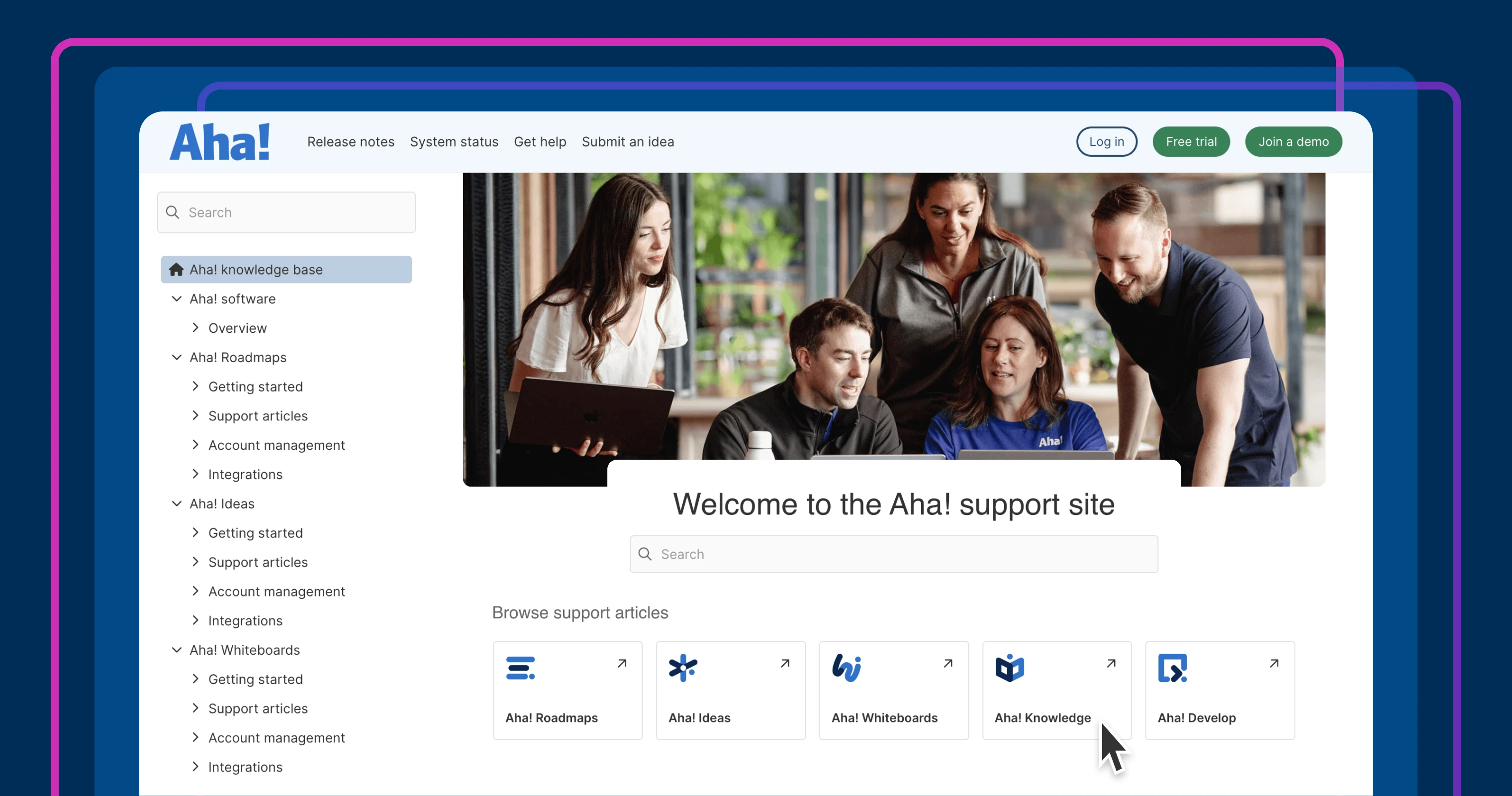 an image of the Aha! knowledge base hompage page