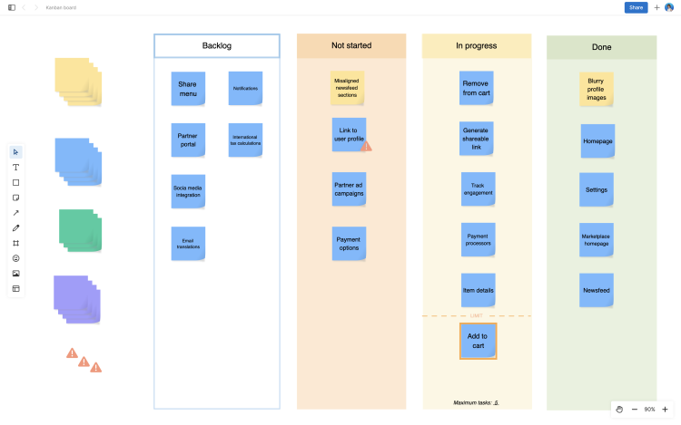 Example kanban board template in Aha! Notebooks