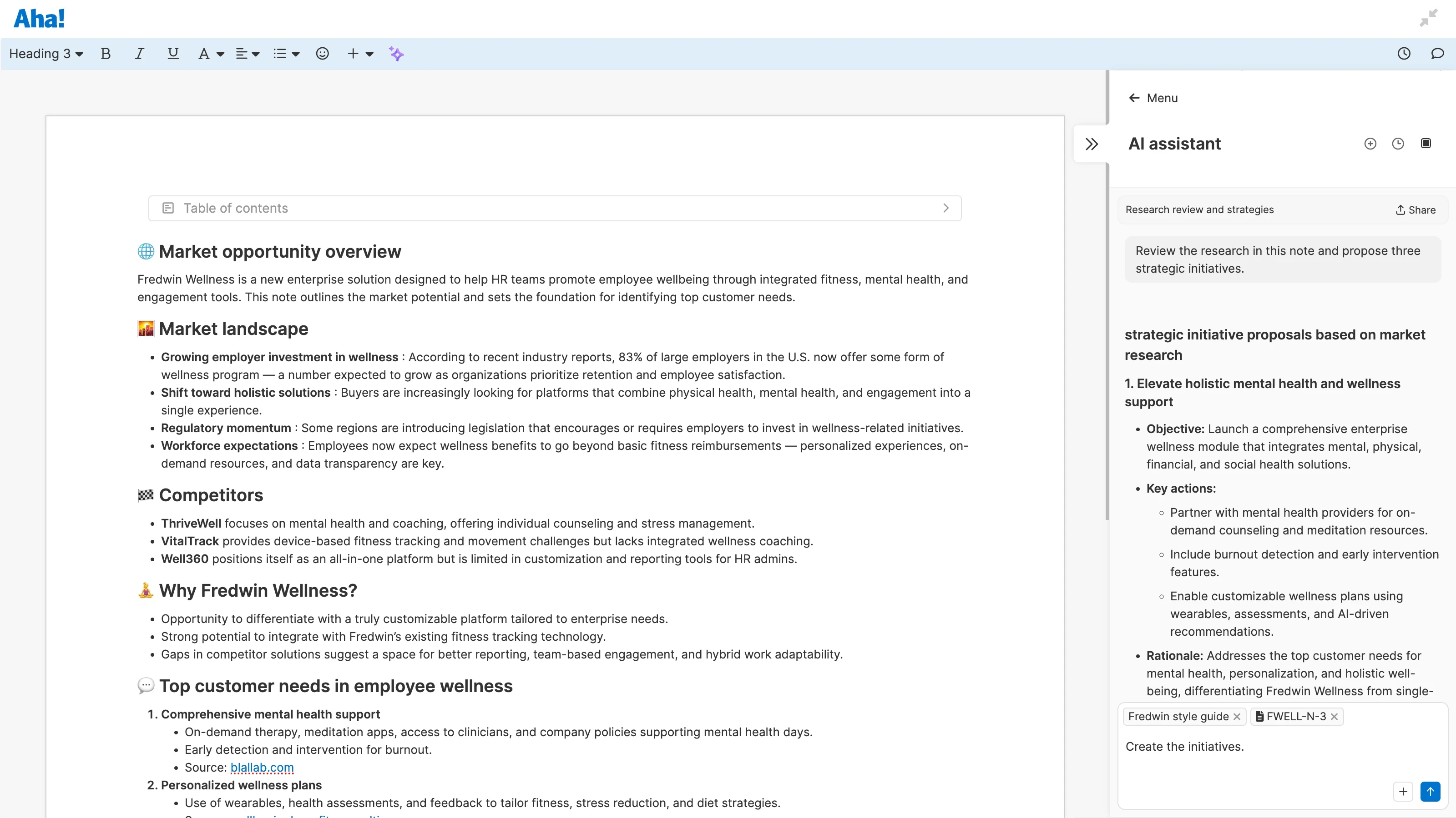 The AI assistant in Aha! software helping define strategic initiatives in a document based on previous research