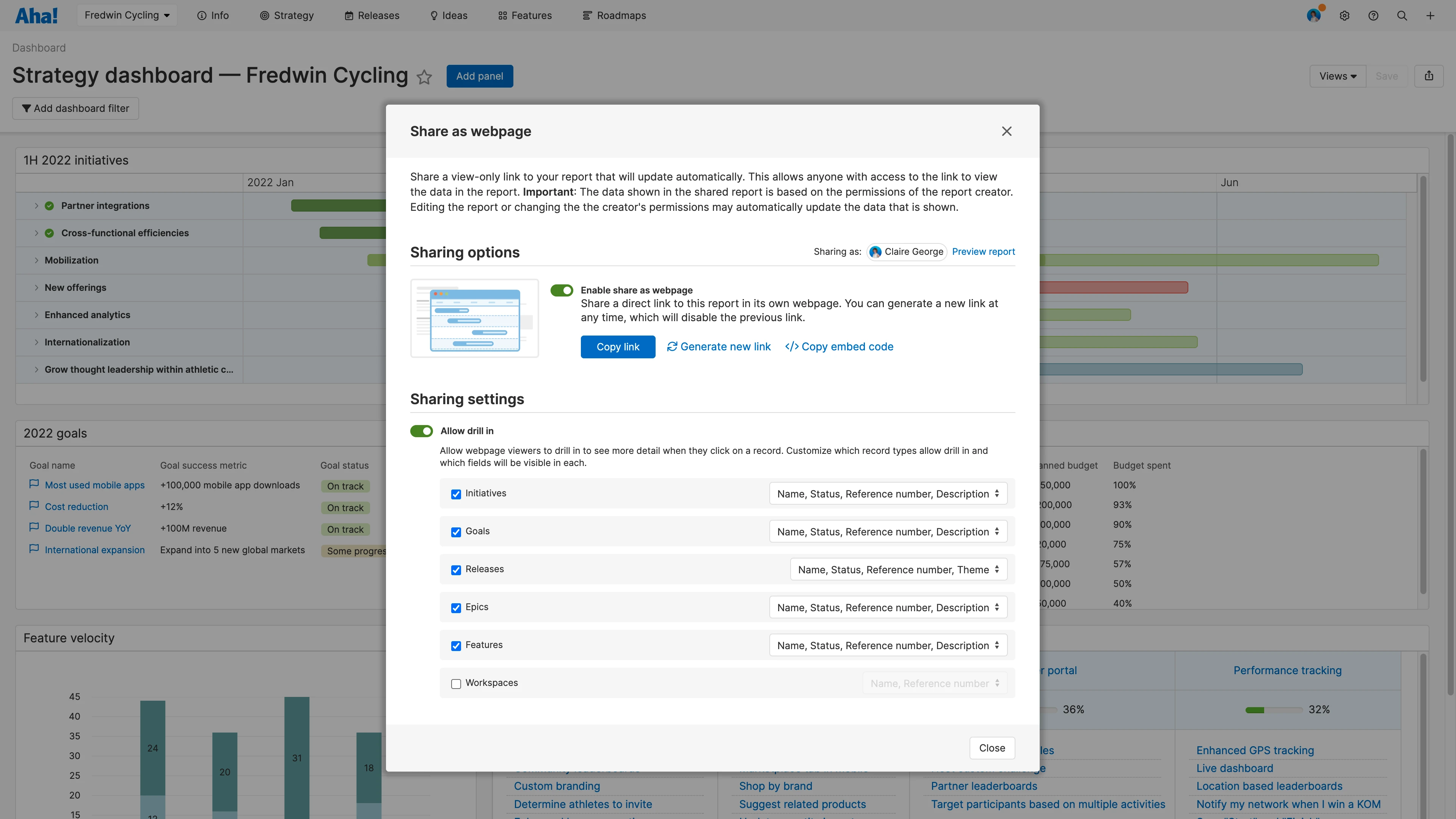Enable interactive drill in so viewers can access more details about individual goals and initiatives.