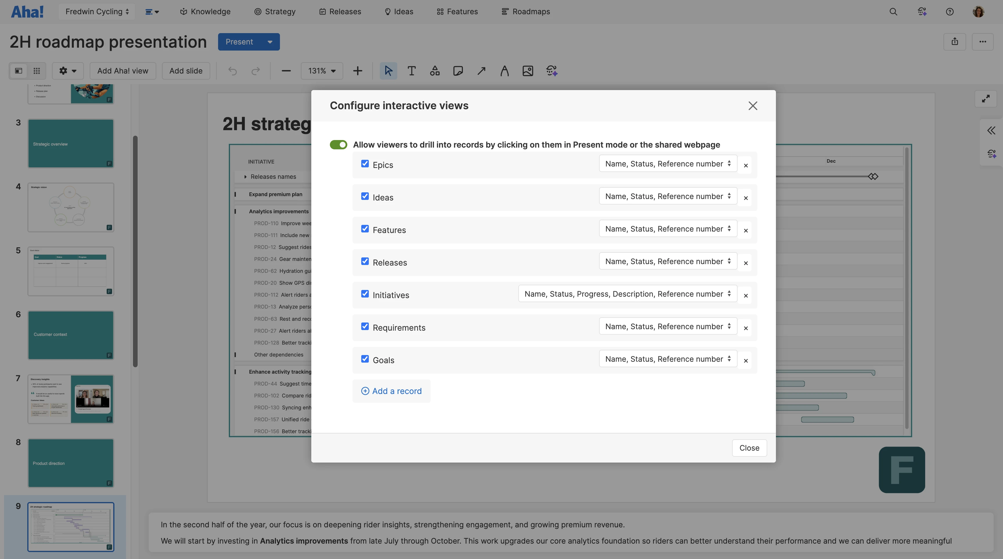 Enable record previews when you share Aha! views in a presentation