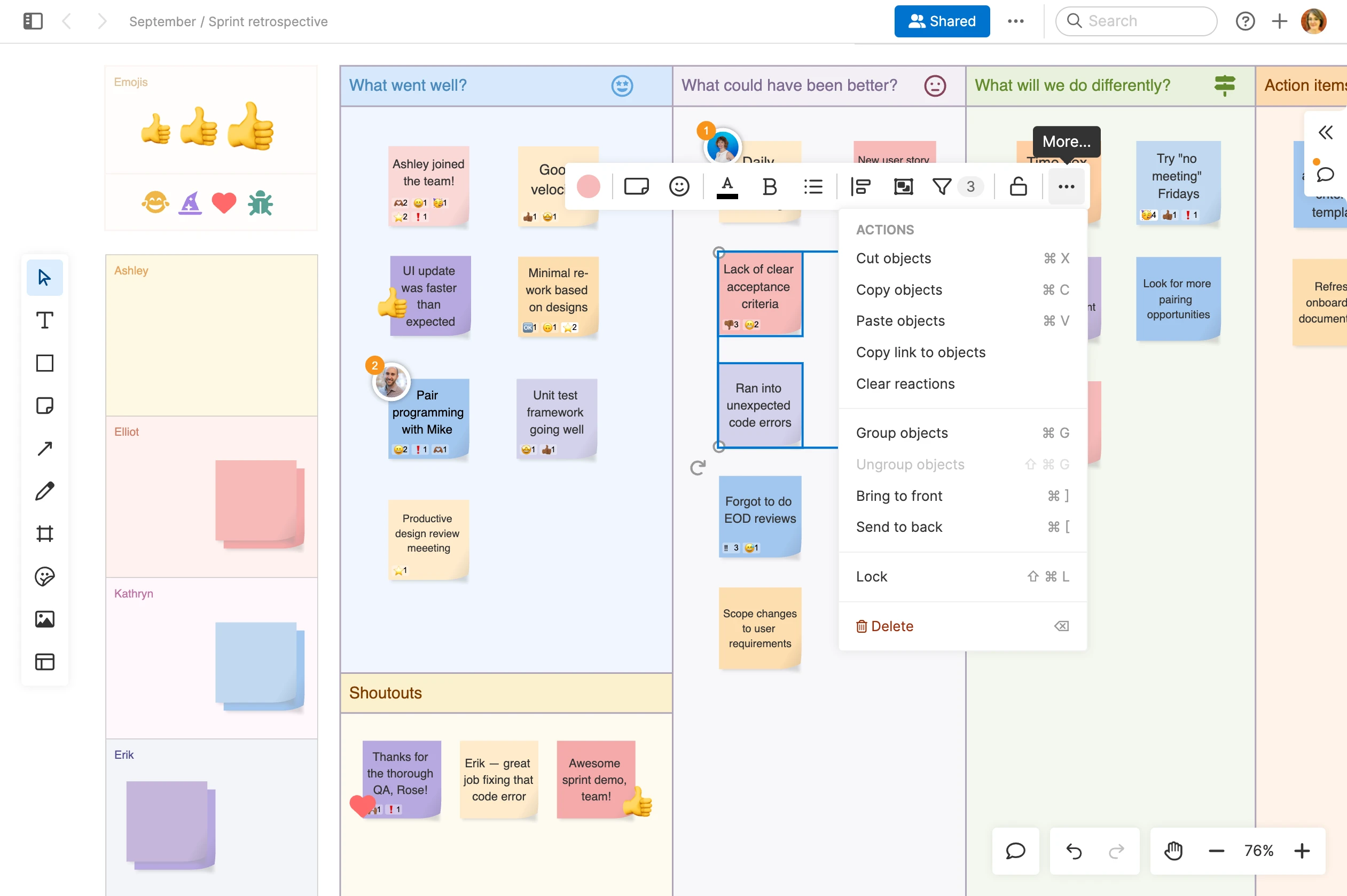 multiple sticky notes selected on a whiteboard with the bulk editing menu open